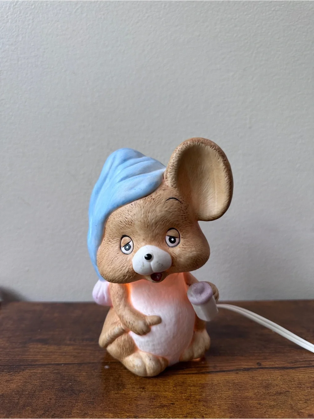 Vintage Josef Originals Sleepy Baby Mouse Ceramic Night Light Lamp Blue Hat 6